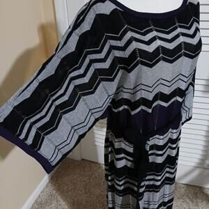 AGB Large Knit Dress Balck/Grey/Purple Half/WIDE-sleeve belted mid-length